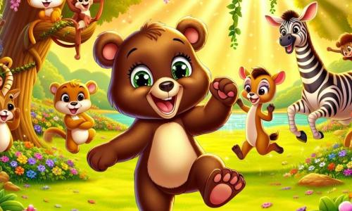 Un ours joyeux nommé Oursonne, avec un pelage brun et des yeux pétillants, danse dans une clairière ensoleillée, entourée de fleurs et de fruits. Elle sourit, pleine d'énergie. À ses côtés, Riri le singe, espiègle et doré, s'accroche à une liane en riant. Plus loin, Zozo le zèbre joue à cache-cache avec Lola la gazelle, qui saute avec grâce. La scène est lumineuse, entourée d'arbres majestueux et d'un ruisseau scintillant. Oursonne organise une fête joyeuse avec ses amis, où chacun danse et chante, tandis qu'un gâteau au miel géant est prêt à être dégusté.