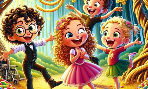 Dans une forêt enchantée, quatre amis se tiennent au centre de la scène. Léa, 8 ans, rit en pointant une grande nouille dorée qui brille au soleil. À sa droite, Timothée, 9 ans, fait une pirouette maladroite. À gauche, Hugo, 10 ans en fauteuil roulant, sourit en tenant une petite fleur qui rit. Chloé, 9 ans, danse en imitant une ballerine, entourée de Rires-Fleurs colorées. La forêt est magique, avec des arbres aux troncs tordus et des feuilles éclatantes, ainsi que des nouilles géantes et des fleurs souriantes, créant une atmosphère festive. Les enfants découvrent la nouille dorée, symbole d'un trésor magique, tout en s'amusant et prêts pour une aventure inoubliable.