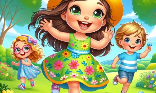 Une petite fille de 4 ans, Lina, avec de longs cheveux bruns et un grand sourire, court dans un parc verdoyant, les bras ouverts. Elle porte un chapeau jaune vif et une robe à fleurs colorées. À ses côtés, sa meilleure amie Zoé, aussi âgée de 4 ans, rit en essayant de la rattraper. Un peu plus loin, Louis, un garçon de 4 ans avec des cheveux blonds, tient un petit caillou bleu, les yeux pétillants d'excitation. Le parc est rempli de grands arbres, de fleurs éclatantes et d'une pelouse où les enfants jouent. Au fond, des familles profitent d'un pique-nique. La scène montre Lina et ses amis en pleine chasse au trésor, cherchant des cailloux bleus, leurs visages illuminés par la joie.