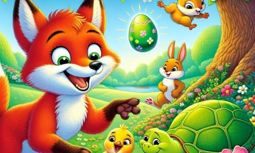 Rouxy, un renard flamboyant, saute de joie devant un buisson fleuri où brille un œuf de Pâques. À ses côtés, Clara, une poule dorée, gratte le sol en quête d'indices. Léon, un lapin aux grandes oreilles, bondit avec curiosité, tandis que Sophie, une tortue sage, observe la scène. Le décor est un champ verdoyant, ensoleillé, avec un vieux pommier en arrière-plan. Rouxy et ses amis découvrent l'œuf caché sous les fleurs, dans une atmosphère festive, prêts à célébrer Pâques.