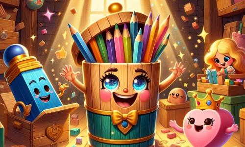 Au centre de l'image, Pétronille, une boîte à crayons en bois, sourit joyeusement tout en tenant un œuf brillant. Elle est entourée de crayons colorés. À sa droite, Rosalie, une gomme en forme de cœur, saute de joie en pointant l'œuf, tandis qu'à gauche, Gustave, un stylo plume élégant, affiche une expression de fierté en admirant l'œuf. Le décor du grenier de l'école est rempli de boîtes poussiéreuses et de vieux jouets, créant une ambiance chaleureuse. Les trois personnages célèbrent leur découverte avec des sourires, entourés d'une atmosphère de joie et d'amitié.