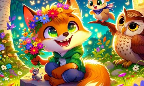Sami, un jeune renard au pelage doré, est assis sur une pierre, les yeux brillants et un sourire sur le museau. Il tient une couronne de fleurs colorées, entouré de lucioles scintillantes. À ses côtés, Mouna, une petite souris avec un foulard bleu, l'encourage avec un grand sourire. La chouette maître Houppette, perchée sur une branche, observe la scène avec sagesse. La clairière est illuminée par des lanternes multicolores, avec des fleurs et des feuilles au sol, tandis que des animaux se rassemblent autour de Sami, prêt à célébrer ensemble. Sami est sur le point de partager sa couronne de fleurs avec ses amis, symbolisant l'esprit de partage durant le Ramadan.