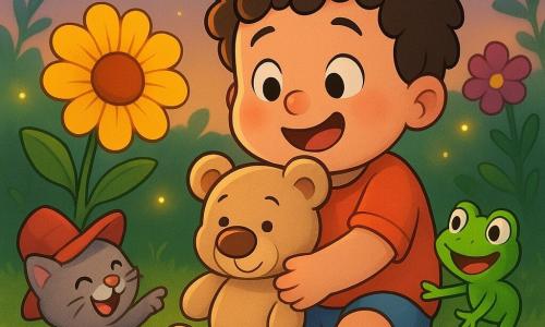 Un garçon de 2 ans, rond et potelé, cheveux bruns bouclés et joues roses, serre un doudou ours beige au gros nez brun avec une expression joyeuse et soulagée; une petite grenouille verte aux yeux ronds saute à côté en regardant la grosse fleur qui cachait le doudou, et un chat gris à poils doux portant un chapeau rouge un peu grand danse sur deux pattes à gauche en montrant la fleur; jardin au crépuscule avec herbe verte, grandes fleurs colorées (une grosse fleur jaune près du garçon) et lucioles, moment tendre et drôle de retrouvailles, lumières chaudes, couleurs vives, textures pelucheuses, composition centrée et lisible pour un enfant de 2 ans.