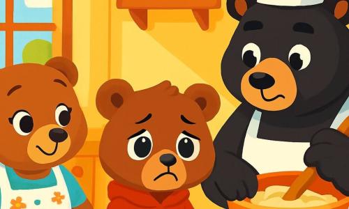 Un petit ours brun avec un manteau rouge et de grands yeux ronds exprime une tristesse mêlée d'espoir. Il se tient au centre de la cuisine, inquiet, les pattes sur la table, regardant ses parents. À sa droite, sa maman ours douce, avec un tablier fleuri, prépare un gâteau au miel en souriant. À sa gauche, son papa ours costaud, en fourrure noire et chapeau de chef, mélange la pâte avec concentration. La cuisine est lumineuse et accueillante, avec des murs jaunes et des étagères remplies de pots de miel. Malgré sa tristesse, le petit ours commence à comprendre l'importance de la communication familiale en préparant ensemble un gâteau.