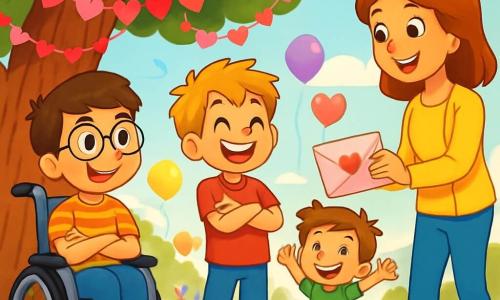 Trois personnages sont présents : Lucas, un garçon de 9 ans en fauteuil roulant, souriant avec des lunettes rondes ; Théo, également âgé de 9 ans, debout avec un t-shirt rouge, les bras croisés et un grand sourire ; et Maxime, un autre garçon de 9 ans, sautant sur place avec énergie. Ils se trouvent sous un grand arbre décoré de guirlandes de cœurs en papier rose et rouge, avec le sol recouvert de pétales de fleurs et de petits cœurs. En arrière-plan, des décorations de la fête de la Saint-Valentin, incluant des ballons et des rires d'enfants, ajoutent à l'ambiance festive. Les garçons attendent Mlle Julie, l'aide-enseignante, qui s'approche avec une enveloppe rose, leurs visages illuminés par l'excitation.