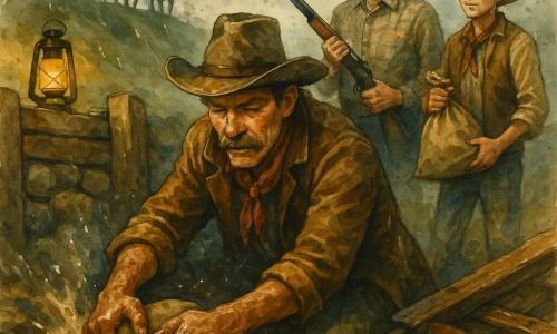 Un cowboy au visage buriné, moustache courte, chapeau usé et veste en cuir brun s'accroupit près d'une digue en bois, poussant des sacs d'argile dans une fissure, les mains terreuses et mouillées; derrière lui Silas (≈45 ans) à la chemise à carreaux, chapeau propre, tient une carabine et regarde la colline, tendu; un jeune cow-boy d'environ 18 ans, poussiéreux, porte un sac de jute à la lisière de l'eau, prêt à aider et regardant avec admiration et inquiétude; sur la crête, trois cavaliers silhouettes menacent depuis la colline; lieu: ravin rocheux, vieille digue de planches et pierres, eau boueuse jaillissante, berges glissantes couvertes de sacs de jute et madriers cloués, pluie, lanternes à huile jaunes; scène: réparation urgente d'une fuite pendant l'averse, tension entre réparateurs et cavaliers, composition dynamique avec eau tourbillonnante, éclaboussures et textures de bois mouillé et argile collante; palette: tons terreux (bruns, ocres, verts profonds), touches bleu-gris pour eau et ciel, accents chauds des lanternes; style: trait aquarelle fluide avec éclaboussures contrôlées pour la pluie et les projections d'eau.