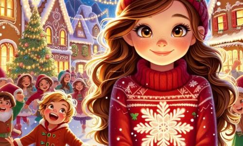Cécile, une fille de 11 ans aux longs cheveux bruns ondulés et aux yeux curieux, se tient au centre de la scène avec un large sourire. Elle porte un pull rouge à motif de flocon de neige et un bonnet assorti. À ses côtés, son petit frère Luc, âgé de 7 ans, aux cheveux blonds en bataille, rit en tenant une guirlande de bonbons colorés. Le décor est un village de Noël enchanteur avec des maisons en pain d'épices illuminées et des flocons de neige tombant doucement. Au fond, un grand sapin de Noël brille, entouré d'enfants et de lutins dansants. Cécile et Luc participent à une course de rennes, courant joyeusement sur la neige, encouragés par des lutins et entourés de rires.
