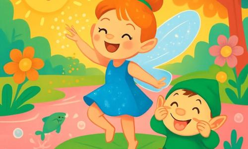 Une fée pétillante, Flappy, danse joyeusement sur un nénuphar géant, avec de grandes ailes transparentes et une robe bleue brillante. Son sourire éclaire son visage tandis qu'elle lance des paillettes dorées. À côté, Boubou le lutin, un petit garçon rond avec un bonnet vert à pompon jaune, fait des grimaces en riant. Le décor est un étang magique avec une eau rose bonbon, entouré de fleurs colorées et de grands arbres aux feuilles arc-en-ciel. Des poissons verts sautent dans l’eau, créant des bulles. Flappy et Boubou dansent au soleil, entourés de rires et d’animaux émerveillés.