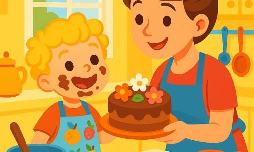 Un petit garçon de 4 ans, Antoine, aux boucles blondes et aux yeux pétillants, se tient au centre de la cuisine. Il porte un tablier coloré et a le visage barbouillé de chocolat, affichant un grand sourire. À côté de lui, sa maman, une femme d'environ 30 ans avec des cheveux bruns en chignon, observe son fils avec amour, tenant un gâteau décoré de fleurs en sucre. La cuisine est lumineuse, avec des murs jaunes et des ustensiles colorés sur le plan de travail. Antoine présente fièrement son gâteau à sa maman, l'air ravi, tandis qu'elle s'approche pour l'embrasser, créant une scène chaleureuse et pleine d'amour.