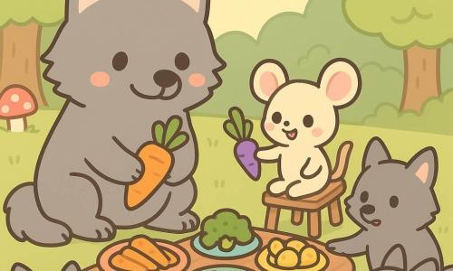 Un grand loup gris au pelage doux, aux yeux brillants et au sourire timide, assis droit tenant une grosse carotte orange, entouré de trois loups au pelage plus foncé, surpris puis curieux, et d'une petite souris crème nommée Mimi offrant une carotte violette; devant eux une table rustique nappée à carreaux rouge et blanc garnie de légumes colorés, le tout dans une clairière ensoleillée au soir, ambiance paisible et conviviale.
