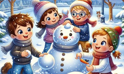Dans un parc enneigé, quatre enfants jouent. Max, 8 ans, roule une boule de neige. Lila, 7 ans, ajoute des cailloux pour les yeux du bonhomme de neige. Tom, 9 ans, se prépare à lancer une boule de neige. Emma, 6 ans, tient une carotte pour le nez. Le parc est couvert de neige scintillante, avec des arbres chargés de flocons et un ciel bleu. Les enfants s'amusent à construire un bonhomme de neige géant dans une scène hivernale magique.