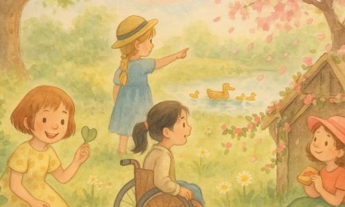 Quatre filles de 7 ans : Lou, châtain clair en coupe courte, en robe jaune à fleurs, agenouillée à gauche tenant une feuille en forme de cœur et souriant ; Emma, blonde en tresse, chapeau de paille et robe bleue, debout à droite du centre pointant une famille de canards sur l’étang ; Clara, brune aux cheveux bouclés, chapeau rose et jupe verte, assise sous un pommier à droite mangeant une tartine et regardant les pétales tomber ; Mia, cheveux noirs en queue de cheval, veste claire, en fauteuil roulant au premier plan à droite du centre, les mains sur les roues, souriante et aidant à décorer une cabane. Lieu : jardin de campagne au printemps avec herbe parsemée de pâquerettes et pissenlits, grand chêne et pommier en fleurs, petit étang miroitant et cabane rustique décorée de guirlandes de fleurs. Situation : les quatre amies construisent et décorent leur « Refuge du Printemps » près du chêne, scène chaleureuse aux couleurs pastel aquarelle, lumière douce de fin d’après-midi, pétales qui tombent et canetons glissant sur l’eau.