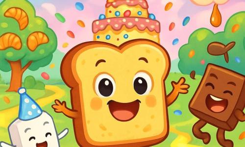 Patapouf, une tartine de pain dodue et beurrée, se tient au centre d'une fête d'anniversaire magique, avec des yeux brillants de joie. Il sourit, entouré de confettis colorés. À ses côtés, Suzy la Sucre, un morceau de sucre blanc avec un chapeau en sucre glace, saute de joie. Chapi-Chocolat, un carré de chocolat fondu, rit en attrapant une goutte de caramel. Le décor est un Festiplacard féerique, avec des arbres à croissants, des rivières de limonade et des guirlandes de bonbons sous un ciel en sucre filé. Un immense gâteau d'anniversaire, coloré et décoré, trône au centre. La scène dégage une atmosphère joyeuse, avec des rires et des éclats de bonheur.