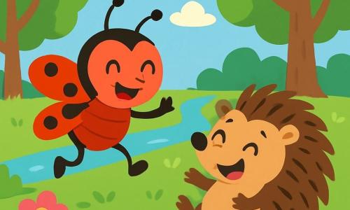 Coco, une coccinelle rouge à taches noires, danse joyeusement avec un sourire, ses ailes brillantes ouvertes. À ses côtés, Zigzag, un hérisson brun aux piquants hérissés, roule sur le sol, riant. Ils se trouvent dans une forêt enchantée, entourés d'arbres aux feuilles vertes et de fleurs colorées. Ensemble, ils découvrent un trou mystérieux dans le sol et dansent autour, curieux de ce qu'il renferme.