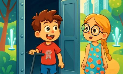 Un garçon de 8 ans, Thomas, avec des cheveux bruns en bataille et des yeux curieux, se tient devant une grande porte en métal, son visage illuminé par l'excitation. Il porte un t-shirt rouge avec un motif de robot et un short bleu, tenant sa trottinette. À ses côtés, une fille de 8 ans, Emma, avec de longs cheveux blonds tressés et des lunettes rondes, observe la porte avec intrigue. Elle porte une robe colorée et des baskets blanches. Le parc futuriste est rempli d'arbres scintillants et de fontaines lumineuses, avec des gratte-ciel en verre à l'horizon. Thomas et Emma, fascinés et nerveux, se tiennent devant la mystérieuse porte qui s'ouvre sur un tunnel sombre, prêts pour une aventure incroyable.