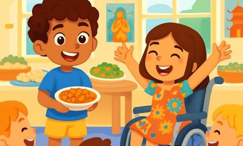 Il y a deux personnages principaux : Lucas, un garçon de 8 ans avec des cheveux bouclés et bruns, portant un t-shirt bleu et un short jaune, souriant avec un plat de curry dans les mains, et Emma, une fille de 8 ans avec des cheveux lisses et châtains, dans son fauteuil roulant, vêtue d'une robe colorée à motifs floraux, dansant joyeusement à côté de Lucas. L'histoire se déroule dans une salle de classe lumineuse, décorée de drapeaux colorés et d'affiches illustrant des traditions du monde. Lucas et Emma sont sur scène, prêts à présenter leur danse indienne et leur plat de curry aux autres élèves, entourés d'enfants curieux et enthousiastes, créant une atmosphère joyeuse et conviviale.