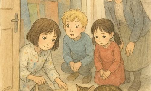 Mina, 10 ans, accroupie devant une porte entrouverte, regarde avec concentration et douceur en tirant doucement un sac en toile; Tom, ~10 ans, cheveux blonds en bataille, stupéfait et admiratif, se tient derrière elle, prêt à aider; Inès, 9–10 ans, timide et rougissante, couettes sombres, en retrait, mains serrées et regard baissé; Madame Lenoir, femme aux cheveux grisonnants en chignon, calme et bienveillante, penchée à l’entrée du débarras; Plume, petit chat tigré roulé près d’un pot de peinture renversé, patte avant gauche couverte de peinture blanche, yeux mi-clos, peinture formant une petite rivière sur des cartons; lieu : débarras de la salle d’arts plastiques avec cartons empilés, panneaux colorés, rouleaux d’essuie‑tout, évier en arrière-plan et lumière douce entrant par la fente de la porte; situation : découverte attentive d’un chat peinturé, enfants enquêtant sans chaos, traces fines de peinture menant vers la porte; palette : tons pastel chaleureux, blancs cassés, verts doux et taches vives de rouge, jaune et bleu, textures de papier et de toile visibles.
