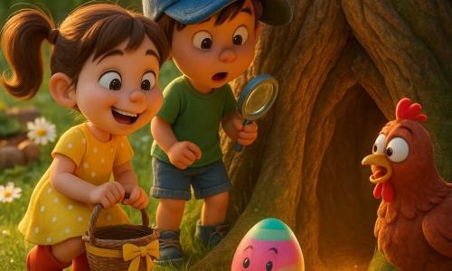 Lila, 6 ans, souriante et émerveillée, deux couettes brunes, robe jaune à pois blancs et bottines rouges, s'agenouille devant le grand tronc d'un arbre en tenant un petit panier en osier à ruban jaune; Tom, 6 ans, chapeau bleu trop grand lui couvrant partiellement les yeux, t-shirt vert et short en jean, se tient à côté d'elle, regardant avec étonnement un œuf multicolore gros comme une orange, rayé de rose, bleu et vert avec un sourire dessiné, qui roule doucement hors d'un trou à la base de l'arbre; une poule rousse un peu surprise, ailes à demi écartées, près de Tom; jardin de printemps avec herbe couverte de rosée, pâquerettes et potager bordé de cailloux; ambiance lumineuse, chaleureuse et pleine de surprise.