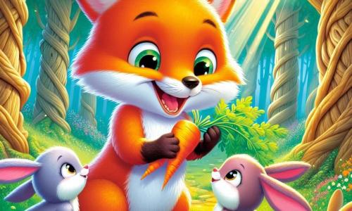 Un renard espiègle à la fourrure rousse et aux yeux malicieux se tient au centre de la scène, souriant en tendant une carotte fraîche à une famille de trois petits lapins aux couleurs pastel, qui le regardent avec surprise et gratitude. La scène se déroule dans une forêt enchantée avec de grands arbres, des feuilles dansant au vent et des fleurs colorées au sol. Ce moment illustre un partage de gentillesse, sous un soleil filtrant à travers les branches.