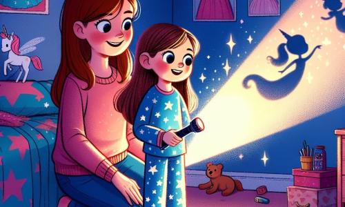 Au centre de l'image, Léa, une fille de 10 ans aux longs cheveux bruns et aux yeux pétillants, se tient debout dans sa chambre. Elle porte un pyjama bleu à étoiles et tient une lampe de poche allumée qui projette une douce lumière. À ses côtés, sa maman, une femme d'une trentaine d'années avec des cheveux châtains, s'agenouille pour lui parler avec tendresse. La chambre est décorée de posters de princesses et de licornes, avec des jouets éparpillés. La lumière de la lampe crée des ombres mystérieuses, ajoutant une atmosphère magique. Léa explore courageusement l'obscurité, imaginant des aventures, tandis que sa maman l'encourage à surmonter sa peur du noir.