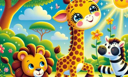 Gigi la girafe danse joyeusement sous le soleil, accompagnée de Léon le lion qui rugit doucement, et de Zouzou le zèbre qui trotte en riant. La scène se déroule dans une savane verdoyante avec des arbres majestueux et des fleurs colorées. Au centre, une fleur brillante attire tous les regards. Gigi et ses amis dansent autour de cette fleur magique, créant une atmosphère de bonheur et d'amitié.