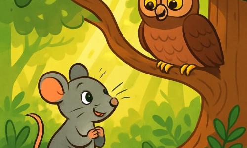 Une petite souris nommée Lucie, aux yeux pétillants et aux moustaches frémissantes, se tient devant un majestueux chêne, excitée et curieuse. Elle a un pelage doux et gris, et admire le vieux hibou Léo, perché sur une branche, ses plumes brun foncé brillant sous le soleil. Léo, avec ses grands yeux jaunes, semble sage et bienveillant, observant Lucie avec un sourire encourageant. Ils se trouvent dans une forêt enchantée, où les rayons de soleil filtrent à travers le feuillage dense, créant des éclats d'or sur le sol. Lucie, déterminée, écoute attentivement les conseils de Léo, prête à découvrir le trésor caché de la forêt, avec une expression joyeuse mais nerveuse.