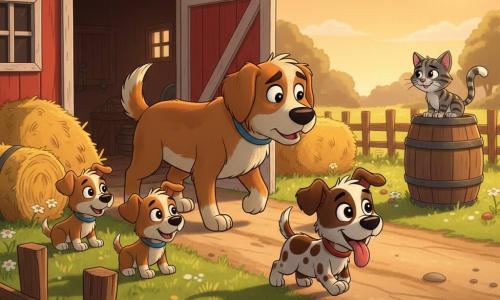 Petit Chien, petit chien brun tacheté de blanc aux yeux ronds, trottine la langue tirée vers la ferme où Bella, sa mère caramel au poil doux, l'attend devant la porte de la grange ; deux frères et sœurs joueurs sont assis dans l'herbe à gauche, Félix le chat gris et blanc est perché sur un tonneau à droite, et la cour arrière au crépuscule — grange rouge vieillie, bottes de paille, clôture en bois usée et chemin de terre poussiéreux — baigne dans une douce lumière orange ; scène chaleureuse et rassurante : Petit Chien rentre chez lui et est accueilli par sa famille dans un moment tendre et émouvant.