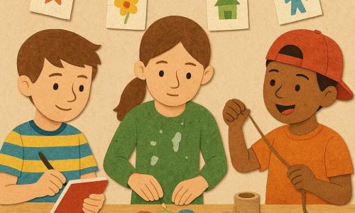 Trois enfants autour d'une grande table d'atelier : Noé, 10 ans, cheveux courts châtain, t-shirt rayé bleu et jaune, carnet rouge à la main, note les idées avec un sourire timide ; Inès, 10 ans, cheveux en queue de cheval, blouse verte tachée de colle, aligne et perce des bouchons au centre ; Samir, 9 ans, peau légèrement foncée, casquette rouge à l’envers, tient une ficelle et des pinces à linge, prêt à lâcher la bille. L'atelier du centre de loisirs montre une table claire couverte de carton, colle, trombones et rouleaux de papier toilette empilés, une guirlande de dessins au mur et une fenêtre à gauche qui diffuse une lumière douce. Suspendu au-dessus de la table, un 