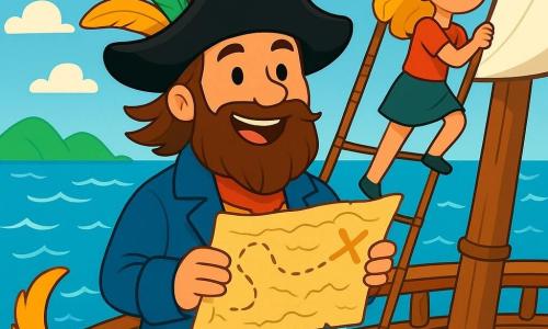 Le capitaine Victor, portant un grand chapeau noir avec des plumes colorées, sourit avec enthousiasme, sa barbe brune flottant au vent. Il tient une vieille carte au trésor, les yeux pétillants d'excitation. À ses côtés, Zoé, une jeune fille de 10 ans, grimpe au mât, ses cheveux blonds dansant au vent, regardant l'horizon avec curiosité. Loulou, un chien au pelage doré, aboie joyeusement sur le pont, sa queue remuant. Le navire, un grand bateau pirate en bois avec des voiles blanches, navigue sur une mer bleue parsemée de vagues scintillantes sous le soleil. Au loin, des îles verdoyantes se dessinent, promettant des aventures. Victor et ses amis sont prêts à partir à la recherche d'un trésor caché, entourés d'une atmosphère d'excitation et de mystère.