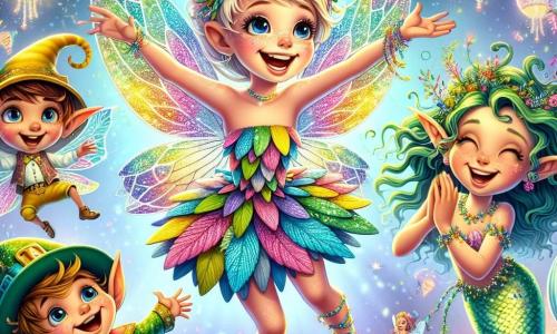 Lila, une petite fée aux ailes multicolores, danse joyeusement dans les airs, vêtue d'une robe arc-en-ciel. Son visage est illuminé par un sourire, et ses yeux pétillent. À ses côtés, Tim, un lutin espiègle, saute de joie, tandis que Zoé, une sirène aux cheveux d'algues, applaudit avec enthousiasme. Le décor est un carnaval magique, avec des guirlandes lumineuses, des ballons colorés et des créatures fantastiques dansant autour d'eux. Lila et ses amis flottent au-dessus de la foule, célébrant la magie du carnaval.