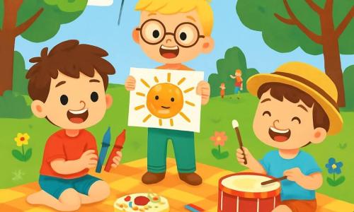 Trois personnages sont présents : Lucas, un garçon de 5 ans aux cheveux bruns en bataille, souriant sur une nappe à carreaux avec des crayons de couleurs ; Max, un garçon blond en lunettes rondes, tenant un dessin d'un soleil souriant ; et Tom, un garçon châtain avec un chapeau de paille, jouant du tambour. Ils se trouvent dans un parc verdoyant, entourés d'arbres et de fleurs, avec des ballons flottants. Les amis préparent une surprise pour la fête des pères, entourés de dessins, gâteaux et jeux, affichant des expressions joyeuses.