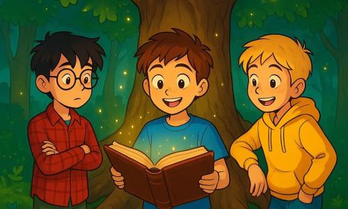 Il y a trois personnages : Emilien, un garçon de 10 ans aux cheveux châtains et aux yeux pétillants, portant un t-shirt bleu et un short beige, se tient au centre avec un vieux grimoire ouvert, souriant. Noam, 11 ans, avec des cheveux noirs en bataille et des lunettes rondes, est légèrement en retrait à gauche, les bras croisés, regardant la carte avec curiosité, habillé d'une chemise à carreaux rouge et d'un pantalon vert. Léo, 10 ans, avec des cheveux blonds et des taches de rousseur, est à droite, appuyé contre un grand arbre, enthousiaste, vêtu d'un sweat à capuche jaune et de jeans. Le lieu est une clairière enchantée entourée de grands arbres noueux et de feuilles vertes éclatantes, avec des lucioles illuminant le sol recouvert de mousse et de petites fleurs colorées. Au centre, un immense arbre aux racines enchevêtrées veille sur le lieu, ses branches s'étendant comme des bras accueillants. Les trois amis, émerveillés, discutent des chemins mystérieux qui s'offrent à eux, prêts à choisir leur aventure dans une atmosphère magique.