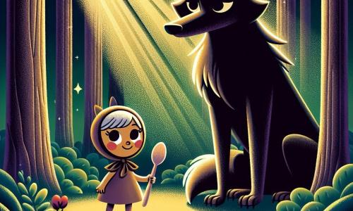 Lila, une petite cuillère en bois au sourire pétillant, se tient courageusement face à un grand loup majestueux au pelage noir scintillant. Le loup, avec un regard doux, exprime gratitude et soulagement. En arrière-plan, une forêt sombre avec des arbres imposants et des feuilles vertes crée une atmosphère mystérieuse. Lila et le loup, côte à côte, symbolisent l'amitié et le courage, prêts à affronter le monde ensemble.