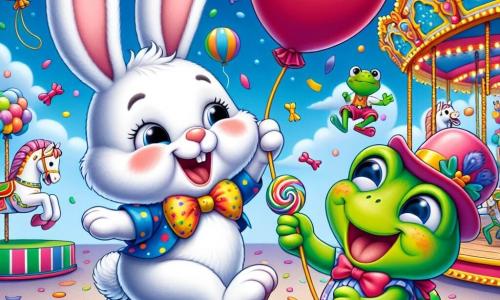 Nino, un petit lapin au pelage blanc et aux grandes oreilles, saute de joie au carnaval, un grand sourire aux lèvres et un ballon rouge brillant dans les pattes. À côté, Léa, une grenouille verte avec un chapeau rigolo, lui tend un bonbon scintillant depuis un banc, entourée de confettis. En arrière-plan, un manège avec des chevaux en bois colorés, des ballons dans le ciel bleu et des stands de friandises décorés de guirlandes lumineuses. La scène dépeint Nino et Léa profitant de l'ambiance festive, avec des enfants jouant et dansant autour d'eux.