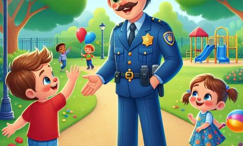 Un policier nommé Paul se tient au centre de l'image, souriant avec un grand chapeau bleu et une veste brillante. Il regarde bienveillant les enfants qui jouent autour de lui. À sa gauche, un petit garçon de 7 ans, avec des cheveux blonds et un t-shirt rouge, lève la main pour saluer Paul. À sa droite, une petite fille de 6 ans, avec des couettes brunes et une robe à fleurs, s'approche en tenant un ballon coloré. La scène se déroule dans un parc verdoyant avec des arbres, des fleurs et des équipements de jeux. Paul discute joyeusement avec les enfants, leur expliquant l'importance de la gentillesse et de la sécurité.