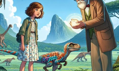 Clara, une fille de 12 ans aux cheveux châtains bouclés et aux yeux curieux, se tient au centre de la scène, émerveillée par un petit vélociraptor aux plumes colorées qui s'approche d'elle. Elle porte une robe légère à motifs floraux et des baskets usées. À ses côtés, le professeur Léonard, un homme de 60 ans avec des lunettes rondes et une longue barbe blanche, se penche légèrement en avant, bienveillant, tenant une sphère lumineuse pour activer leur machine à voyager dans le temps. Le décor est une vaste plaine préhistorique avec des arbres géants et des montagnes majestueuses sous un ciel bleu éclatant. Clara et le professeur aident le vélociraptor à retrouver sa mère, dans une atmosphère magique et pleine de promesses.