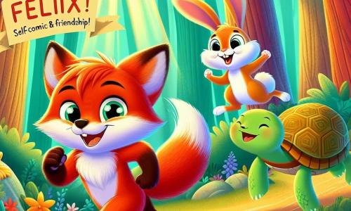 Félix, un petit renard au pelage roux et aux yeux déterminés, court joyeusement dans une forêt colorée, rayonnant de confiance. À ses côtés, un lapin aux grandes oreilles blanches l'encourage avec enthousiasme, tandis qu'une tortue à la carapace verte applaudit fièrement. La scène se déroule dans une forêt enchantée, baignée de lumière, avec des arbres aux feuilles dorées et des fleurs multicolores. Félix participe à un concours de talents, soutenu par ses amis, illustrant la confiance en soi et l'amitié.