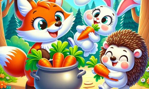 Un renard espiègle au pelage orange vif et à la queue touffue sourit en tenant un panier rempli de carottes. À ses côtés, une lapine blanche aux grandes oreilles saute de joie en regardant les carottes. Un hérisson mignon, avec des piquants bruns, rigole en tenant une carotte. La scène se déroule dans une forêt enchantée, entourée d'arbres majestueux et de fleurs colorées, où un rayon de soleil illumine les visages des amis. Ils préparent une grande soupe de carottes, mais la marmite déborde, créant une situation amusante.