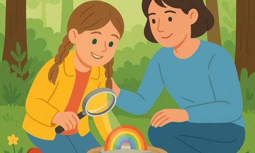 Fille de 10 ans souriante et concentrée, cheveux châtain clair en deux nattes, yeux verts, veste jaune et bottes rouges, tenant une loupe métallique qui projette un petit arc‑en‑ciel sur une pierre posée sur une souche; sa mère d'environ 35 ans, brune aux cheveux courts, pull bleu clair et jean, accroupie à côté d'elle, main sur son épaule et sourire tendre; décor : petite clairière boisée au sol couvert de mousse, fougères, troncs de chêne, quelques fleurs sauvages et rayons de soleil filtrant; ambiance intime et chaleureuse, composition centrée, couleurs douces, formes simples et textures plates.