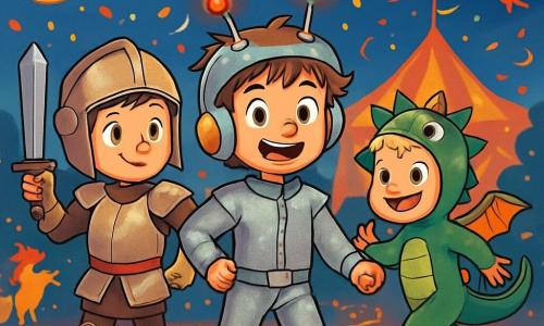 Trois personnages se trouvent au carnaval de la Ville des Rêves : Timéo, un garçon de 9 ans avec des cheveux en bataille et un costume d'explorateur futuriste, souriant au centre ; Jules, déguisé en chevalier avec une armure en carton et une épée en plastique, à gauche de Timéo ; et Léo, déguisé en dragon, à droite de Timéo, sautillant d'excitation. Le décor est coloré, avec des lampions dorés et des créatures fantastiques dansant autour d'eux. Les trois amis, joyeux et enthousiastes, se dirigent vers un grand chapiteau scintillant, prêts à vivre une aventure en quête de trésor.
