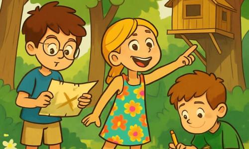Il y a trois personnages : Tom, un garçon de 10 ans avec des cheveux bruns en bataille et des lunettes rondes, portant un t-shirt bleu et un short beige, concentré sur une carte ; Léa, une fille de 9 ans avec de longs cheveux blonds tressés et un sourire éclatant, vêtue d'une robe à fleurs colorées et des sandales, qui pointe un arbre avec enthousiasme ; et Hugo, un garçon de 10 ans avec des cheveux châtains et des taches de rousseur, en t-shirt vert et short rouge, accroupi en train de dessiner sur son carnet. Ils sont dans une forêt verdoyante, entourés de grands arbres, avec des rayons de soleil illuminant le sol. Les enfants sont en pleine chasse au trésor, examinant la carte de Tom, tandis que Léa s'enthousiasme pour un indice caché et Hugo dessine leur aventure.