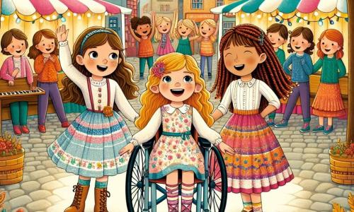 Au centre de l'image, Amélie, 10 ans, cheveux bruns et lunettes, sourit dans son fauteuil roulant. À gauche, Émilie, cheveux blonds et bouclés, chante en robe colorée. À droite, Clara, cheveux roux et tresses, danse en jupe à motifs floraux. Enfin, Sophie, cheveux châtains et lisses, joue du piano. Le décor est une place de village animée avec des stands colorés et des arbres aux feuilles dorées. Les quatre amies, réunies sur scène, célèbrent la diversité et l'amitié, tandis qu'Amélie montre ses peintures, symbolisant l'inclusion et la créativité.