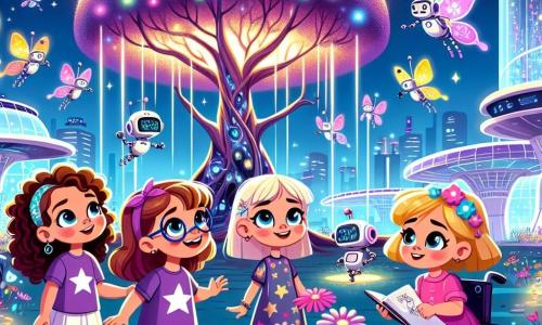 Dans un parc technologique futuriste, quatre petites filles émerveillées se tiennent ensemble. Zoé, six ans avec des cheveux bouclés et un t-shirt violet, admire un arbre immense et lumineux. À sa droite, Lila, aussi âgée de six ans, porte une robe rose et des lunettes en forme d'étoile tout en tenant un carnet de croquis. À gauche, Mia, six ans aux cheveux blonds et tresses, s'agenouille pour observer un petit robot jardinier. Enfin, Emma, dans un fauteuil roulant décoré de stickers, sourit en regardant des papillons mécaniques. Le parc est rempli de bâtiments transparents et de jardins suspendus, où des fleurs multicolores dansent au vent. Les quatre amies découvrent l'Arbre des Rêves, un arbre gigantesque aux feuilles scintillantes qui capture les rêves des enfants pour les transformer en énergie positive. Elles s'assoient sous l'arbre, fermant les yeux pour partager leurs rêves, créant une atmosphère de joie et d'émerveillement.
