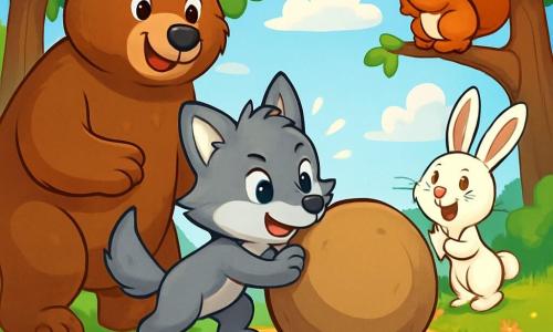 Un petit loup nommé Loulou, avec un pelage gris et des yeux déterminés, pousse un gros rocher en haut d'une colline. Il est concentré et enthousiaste, ses pattes fermement posées sur le rocher. Des animaux de la forêt l'encouragent : un ours brun souriant, un lapin blanc qui applaudit et un écureuil roux admiratif. La scène se déroule dans une forêt verdoyante sous un ciel bleu, avec des arbres majestueux et des fleurs colorées. Loulou essaie de faire rouler le rocher, soutenu par ses amis qui créent une ambiance festive.