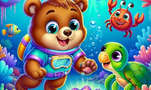 Un jeune ours nommé Barnabé, avec un pelage brun et doux, nage joyeusement sous l'eau dans une combinaison de plongée colorée. À ses côtés, une tortue de mer nommée Lila, avec une carapace verte, observe attentivement. Un petit crabe rouge nommé Carmin, se tient sur un rocher, prêt à les guider. Le décor est une forêt de corail enchantée, avec des coraux phosphorescents et des poissons multicolores. Barnabé et Lila découvrent un énorme coquillage scintillant, tandis que Carmin les encourage à s'approcher, tous trois prêts pour une nouvelle aventure sous-marine.