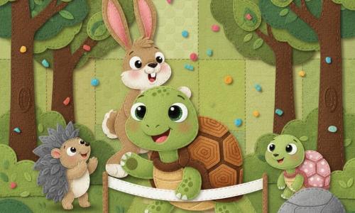 Une tortue verte au visage rond et souriant, carapace brun-ocre à motifs géométriques en velours, yeux brillants brodés, franchit la ligne d'arrivée en posant une patte avant sur une bande blanche cousue; derrière, un lièvre brun clair nommé Léo, grand et surpris, oreilles longues en feutrine et bouche ouverte, semble avoir manqué la victoire; à gauche, un petit hérisson gris aux piquants en tissu bouclé applaudit, et à droite, cachée derrière une pierre, la timide petite tortue Lulu à coquille rose pâle imprimée de pois regarde émerveillée; la scène se déroule sur un sentier de forêt en feutrine verte avec fleurs en appliqué, arbres au tronc en toile de jute et feuilles en coton gaufré, fanions cousus au-dessus, confettis en ronds de tissu, coutures visibles et bords festonnés, ambiance joyeuse et chaleureuse.
