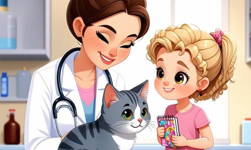 Docteur Zoé est une femme souriante, avec des cheveux bruns en chignon, portant une blouse blanche et un stéthoscope. Elle caresse Mia, une chatte grise, sur la table d'examen. Léa, une petite fille de 8 ans aux cheveux blonds et bouclés, observe avec curiosité, tenant un carnet de notes coloré. La scène se déroule dans une clinique vétérinaire lumineuse aux murs verts pastel, avec des posters d'animaux et des jouets éparpillés. Docteur Zoé explique aux enfants comment prendre soin des animaux, créant une atmosphère joyeuse et éducative.