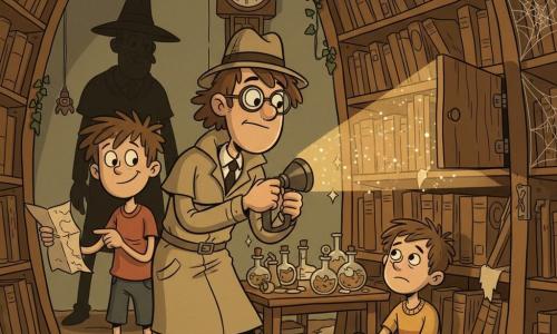 Maxime, détective déterminé aux cheveux bruns en bataille, lunettes rondes, chapeau et trench-coat beige, tient une lampe qui éclaire une petite porte secrète ; derrière lui à gauche, Lucas, ~10 ans, malicieux, pointe une vieille carte froissée vers un coin sombre ; au centre, Antoine, ~12 ans, fatigué mais soulagé, assis parmi des livres et papiers jaunis, lève la tête vers Maxime ; en arrière-plan, la silhouette inquiétante de l'ancien bibliothécaire se découpe près d'étagères en bois dans une bibliothèque abandonnée poussiéreuse, lierre, toiles d'araignée, horloge arrêtée et table de fioles, atmosphère de découverte et de sauvetage mêlant mystère, tension et lumière chaude sur mobilier sépia.