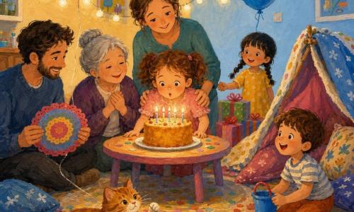 Fille de 4 ans, cheveux châtain clair en couettes bouclées, visage rond, yeux brillants, expression joyeuse, soufflant les bougies d’un gâteau rond doré posé sur une petite table basse; maman d’environ 30 ans, cheveux longs attachés, sourire tendre, debout derrière elle, mains sur ses épaules, éclairée par la lumière chaude des bougies; papa d’environ 32 ans, barbe légère, assis à gauche, riant doucement et tenant un napperon coloré; grand‑mère d’environ 65 ans, cheveux gris en chignon, yeux doux, assise près de la table, mains jointes sur la poitrine; Léo, garçon d’environ 5 ans, cheveux bruns courts, agenouillé à droite près d’un fort de coussins, tenant un petit seau de plage et regard enthousiaste; Lina, fille d’environ 4 ans, cheveux noirs tressés, souriante, tenant la main d’une voisine près des cadeaux; chat Biscotte, petit chat roux avec un nœud rouge, allongé sur une pile de confettis, patte sur la ficelle d’un ballon; chambre décorée aux murs pastel jaune pâle et bleu avec guirlandes de papier multicolores, ballons rouges et bleus, guirlande lumineuse et confettis; ambiance de fête d’anniversaire intime et chaleureuse, éclairage chaud des bougies, couleurs vives et textures visibles de peinture acrylique (traits épais, coups de pinceau texturés).
