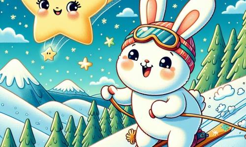 Un petit lapin nommé Léo, au pelage blanc et aux longues oreilles, skie joyeusement sur une pente enneigée, affichant détermination et excitation. Il porte un bonnet rouge et des lunettes de ski. À ses côtés, une étoile filante nommée Stella, brillante et colorée, flotte au-dessus de lui pour l'encourager. Le décor est une montagne enneigée avec des sapins, des flocons tombants et un ciel clair. Léo glisse sur la pente, prêt à sauter, tandis que Stella l'encourage avec des étincelles de lumière, créant une atmosphère magique.